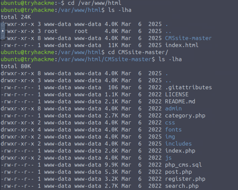 Listing of /var/www/html and /var/www/html/CMSsite-master